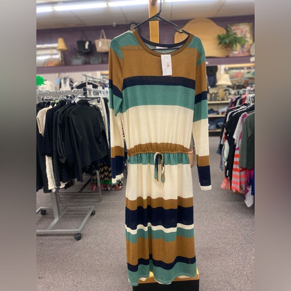 Reborn J Ladies Lg White Green & Blue Sweater Dress NEW